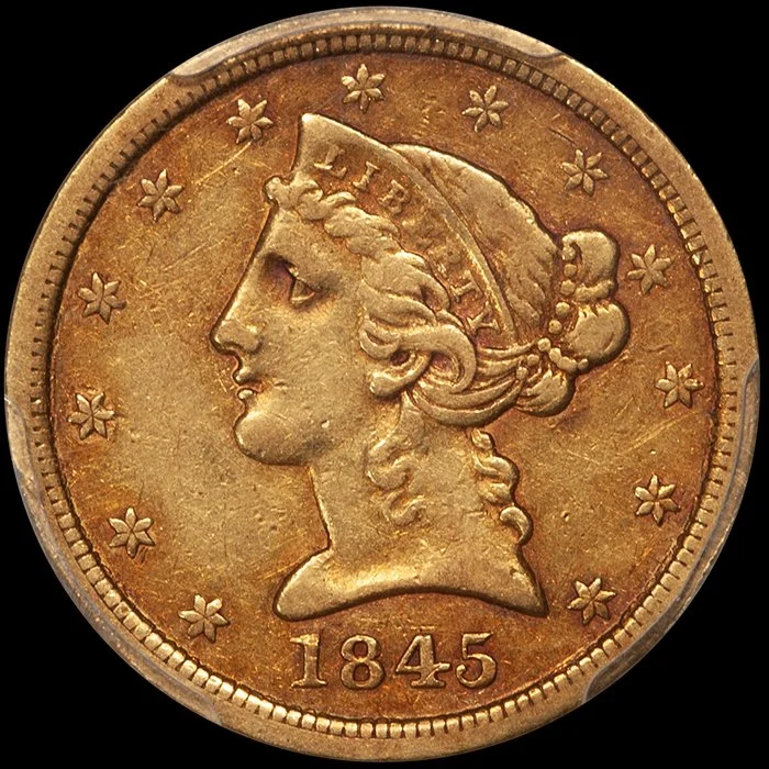 Half Eagle. 1845-O New Orleans $5 gold coin. PCGS EF45 CAC.