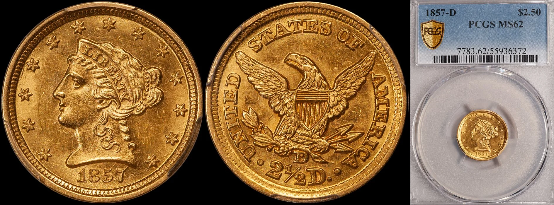 JUST ADDED - $2.50 - 1857-D PCGS MS62