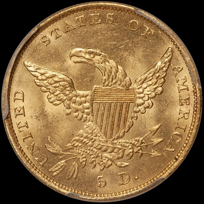 Half Eagle. 1836 $5.00 gold coin. PCGS MS64 CAC.