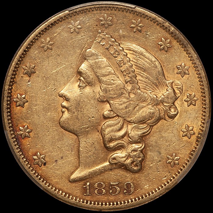Double Eagle. 1859 $20 gold coin. PCGS AU50. (Copy)