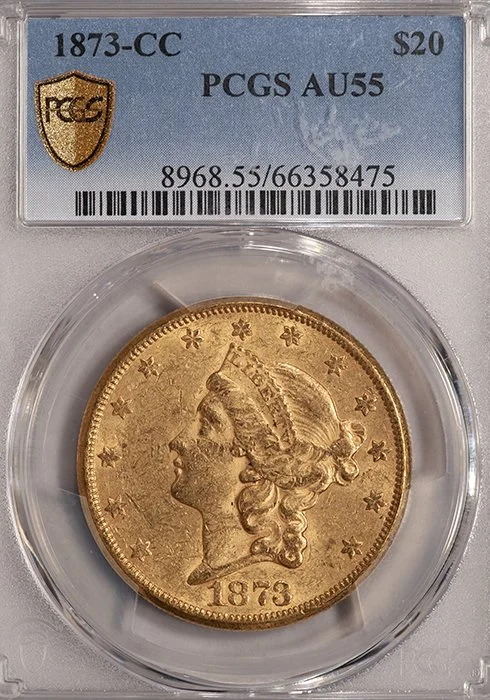 Double Eagle. 1873-CC Carson City $20 gold coin. PCGS AU55.