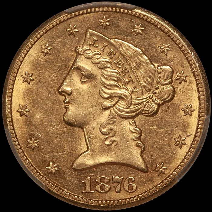 Half Eagle. 1876-CC Carson City $5.00 gold coin. PCGS AU58.
