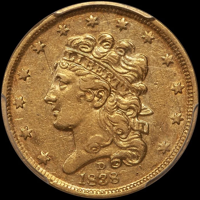 Half Eagle. 1838-D Dahlonega $5 gold coin. PCGS AU50. (Copy)