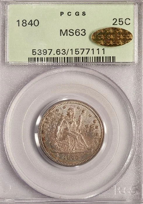 Quarter. 1840 silver 25C. PCGS MS63, CAC Gold. OGH.