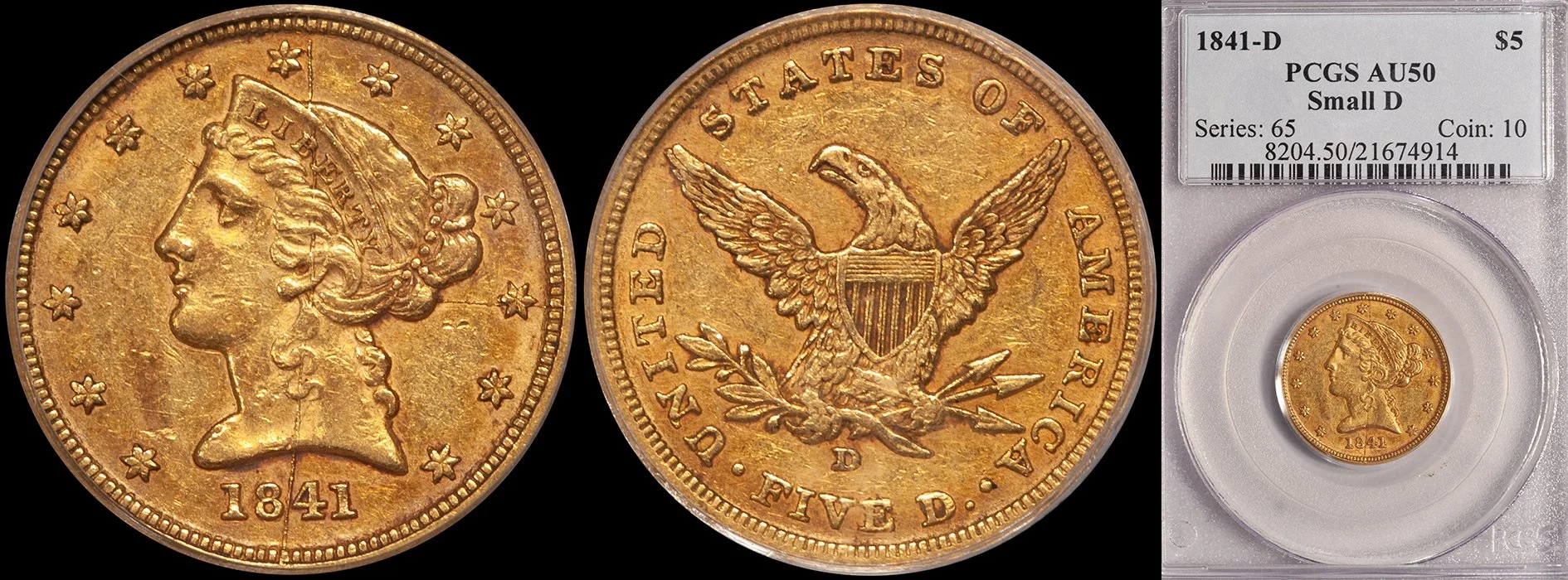 ON HOLD - $5.00 - 1841-D Small D, PCGS AU50