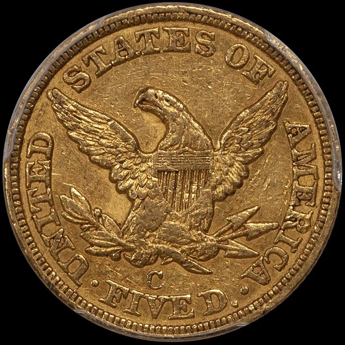 Half Eagle. 1851-C Charlotte $5 gold coin. PCGS AU53, ex Fairmont.