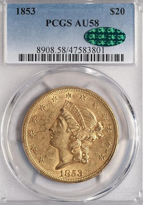 Double Eagle. 1853 $20 Gold Coin. PCGS AU58 CAC. (Copy)