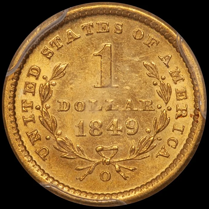Gold Dollar. 1849-O New Orleans $1 gold coin. PCGS MS64 CAC.