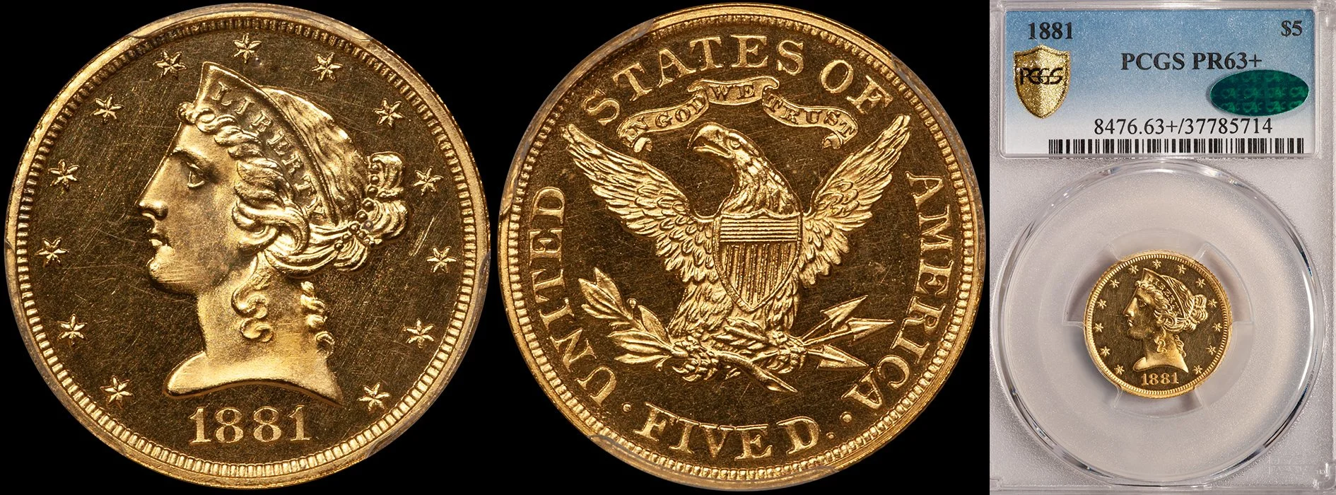Half Eagle. 1881 $5 gold coin. PCGS PR63+ CAC.