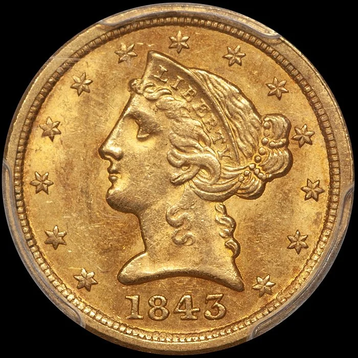 Half Eagle. 1843-C Charlotte $5 gold coin. PCGS MS61.