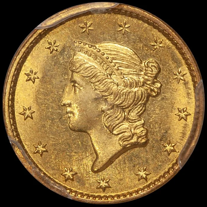 old Dollar. 1851-C Charlotte $1 gold coin. PCGS MS64 CAC.