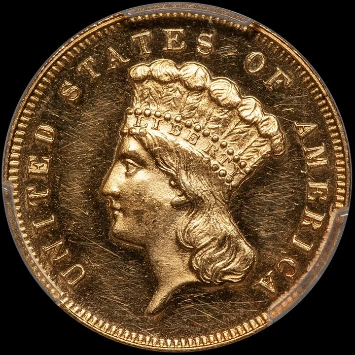 Three Dollars. 1872 $3 gold coin. PCGS PR62 Cameo.