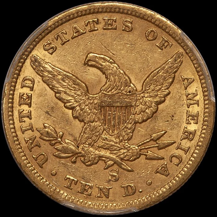 Eagle. 1860-S $10 gold coin. PCGS AU58+.