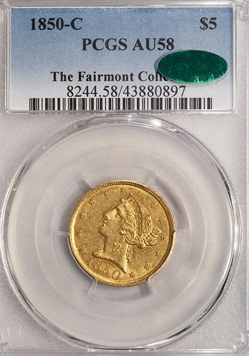 Half Eagle. 1850-C Charlotte $5 gold coin. PCGS AU58 CAC. ex Fairmont.