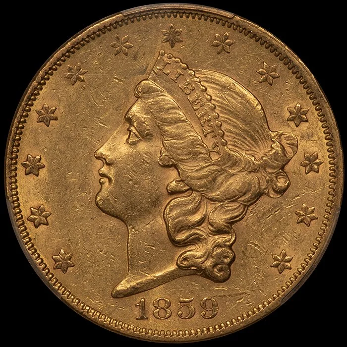 Double Eagle. 1859 $20 gold coin. PCGS AU55.