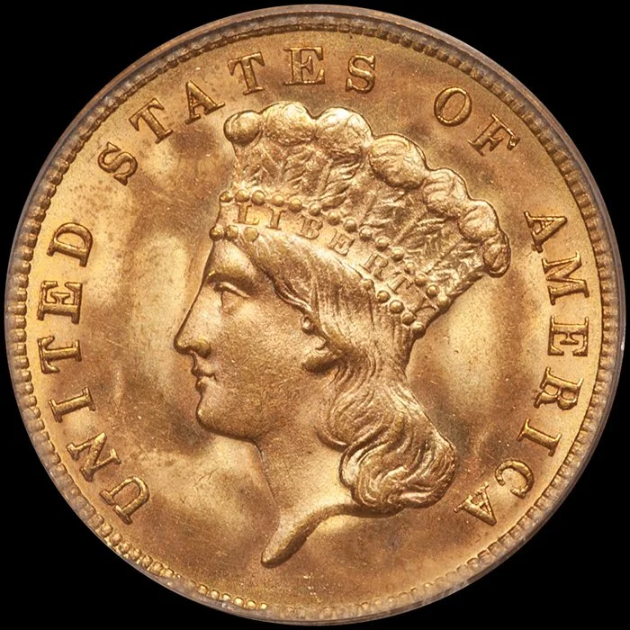 Three Dollars. 1888 $3 gold coin. PCGS MS65 CAC.