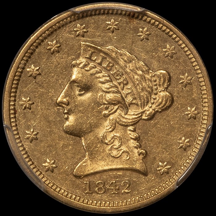 Quarter Eagle. 1842 $2.50 gold coin. PCGS AU58.