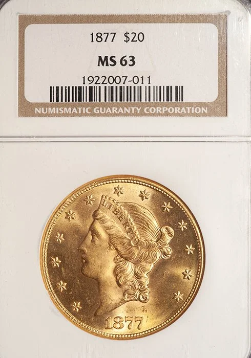 Double Eagle. 1877 $20.00 gold coin. NGC MS63.