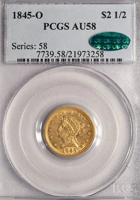 Quarter Eagle. 1845-O New Orleans $2.50 gold coin. PCGS AU58 CAC.
