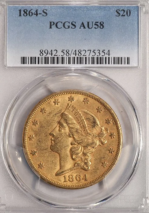 Double Eagle. 1864-S San Francisco $20 gold coin. PCGS AU58.