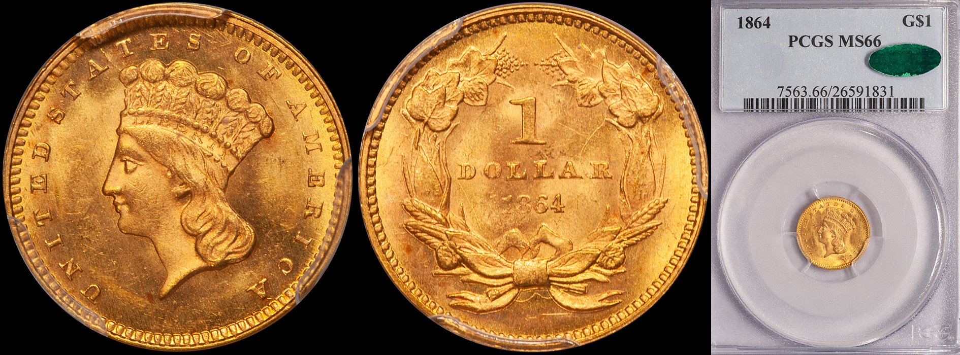 Gold Dollar. 1864 $1 gold coin. PCGS MS66 CAC.