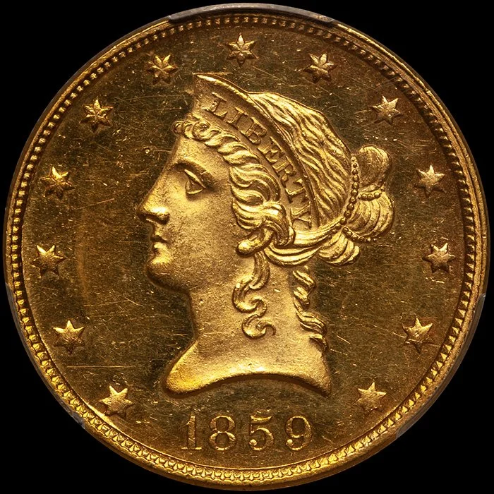 Eagle. 1859 Proof $10.00 gold coin. PCGS PR61CAM.