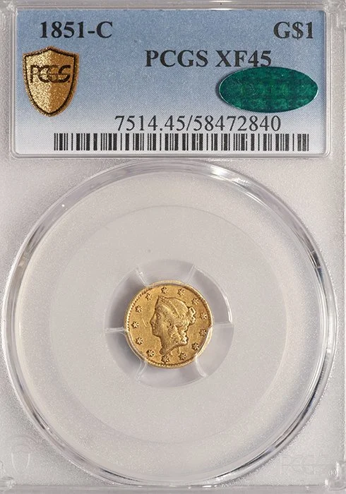 Gold Dollar. 1851-C Charlotte $1 gold coin. PCGS EF45 CAC.