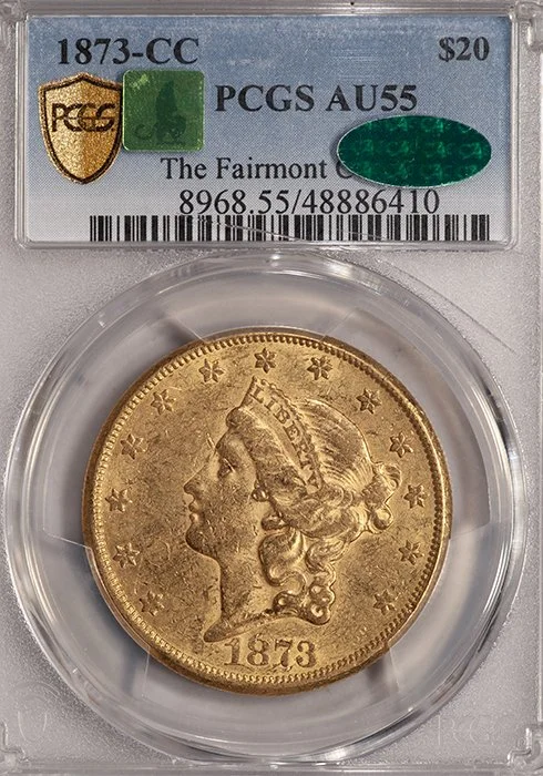 Double Eagle. 1873-CC Carson City $20 gold coin. PCGS AU55 CAC. Fairmont.