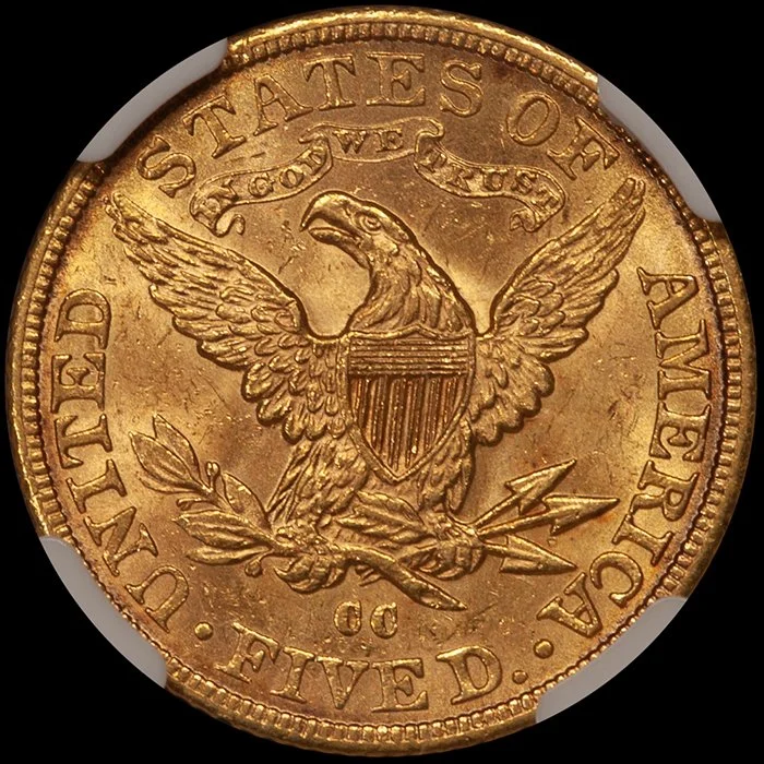 Half Eagle. 1882-CC Carson City $5 gold coin. PCGS AU55 CAC.