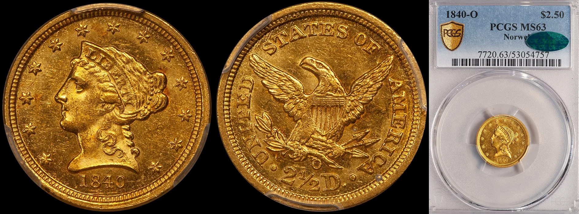 Quarter Eagle. 1840-O New Orleans $2.50 gold coin. PCGS MS63 CAC.