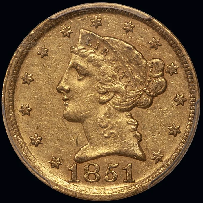 Half Eagle. 1851-D Dahlonega $5 gold coin. PCGS AU55 CAC.