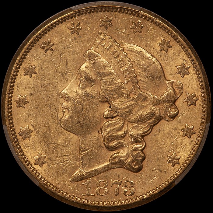 Double Eagle. 1873-CC Carson City $20 gold coin. PCGS AU55.