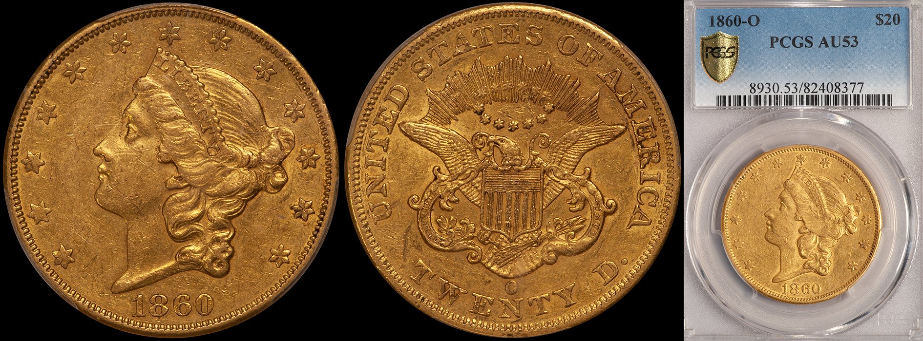 Double Eagle. 1860-O New Orleans $20 gold coin. PCGS MS63.