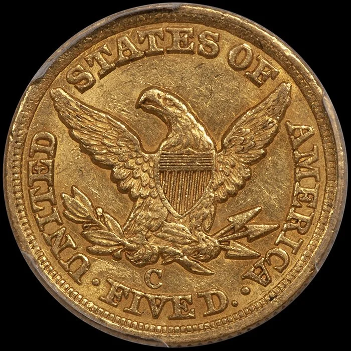 Half Eagle. 1850-C Charlotte $5 gold coin. PCGS AU58 CAC. ex Fairmont.