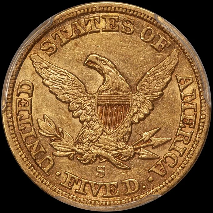 Half Eagle. 1856-S San Francisco $5 gold coin. PCGS AU53 CAC.