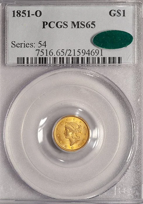 Gold Dollar. 1851-O New Orleans $1 gold coin. PCGS MS65 CAC.