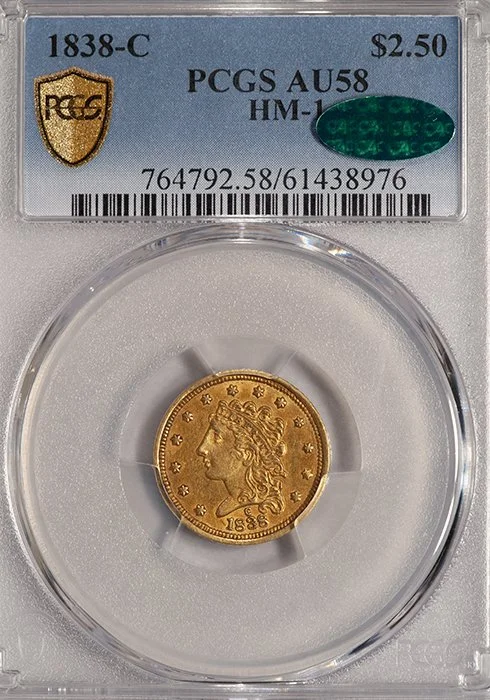 Quarter Eagle. 1838-C Charlotte $2.50 gold coin. PCGS AU58 CAC.