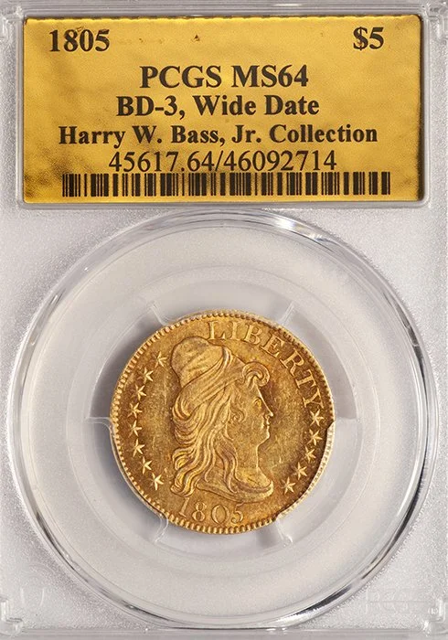 Half Eagle. 1805 $5 gold coin. PCGS MS64. Bass Collection.