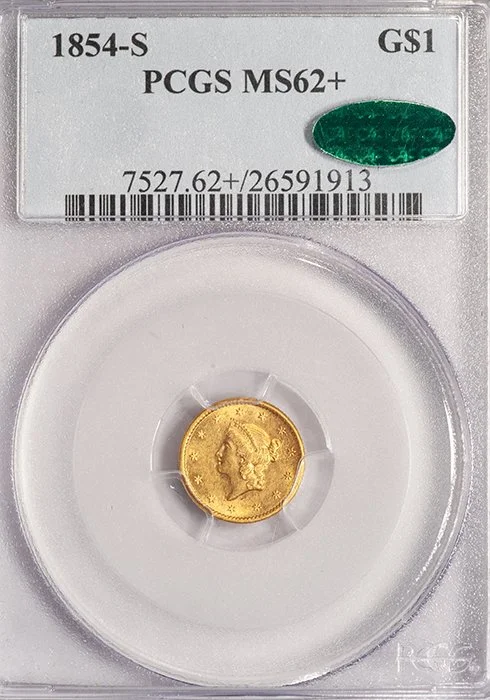 Gold Dollar. 1854-S San Francsico $1 gold coin. PCGS MS62 CAC.