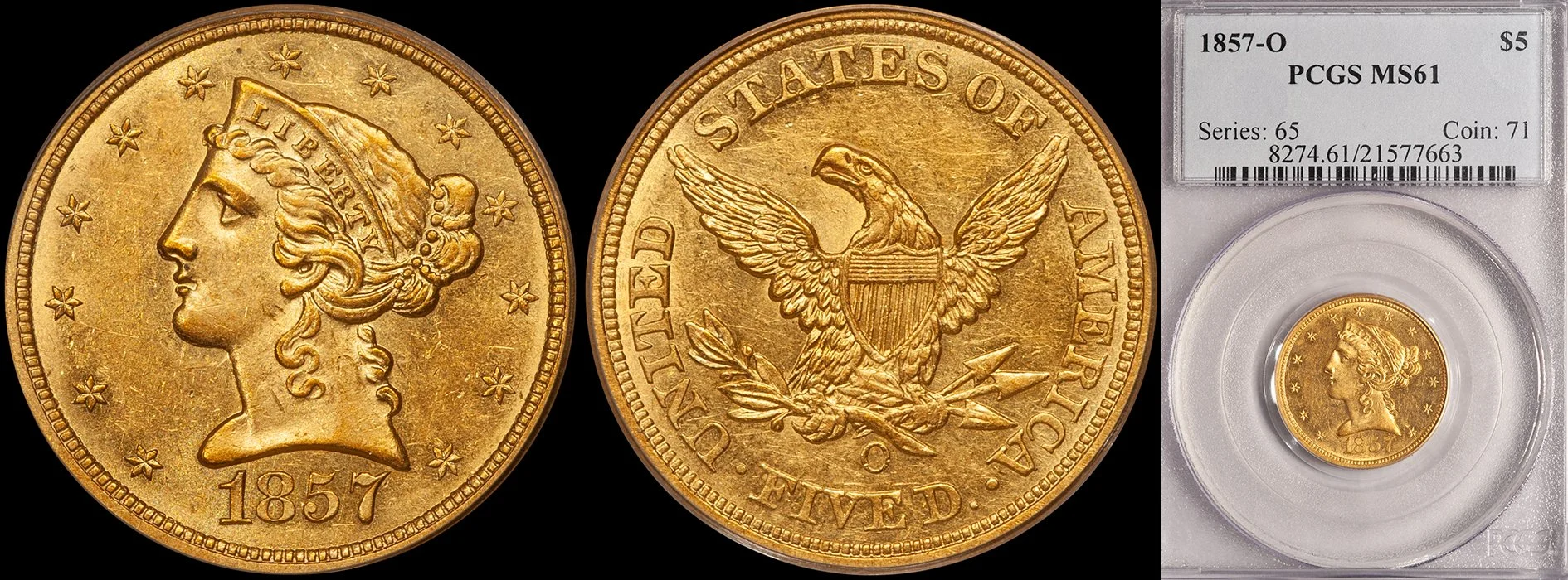 JUST ADDED - $5.00 - 1857-O PCGS MS61