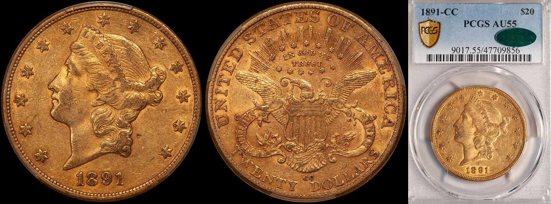ON HOLD - $20.00 - 1891-CC PCGS AU55 CAC