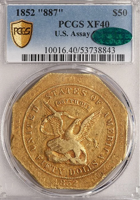 US Assay $50.00. 1852 "887" gold coin. PCGS EF40 CAC.