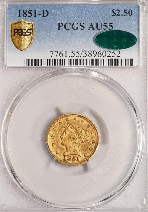 Quarter Eagle. 1851-D Dahlonega $2.50 gold coin. PCGS AU55 CAC.