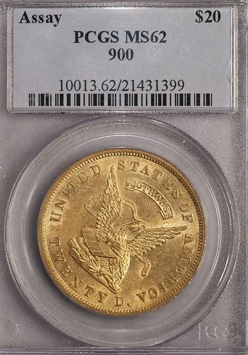 Double Eagle. 1853 Assay $20.00 gold coin. 900 Thous. PCGS MS62.