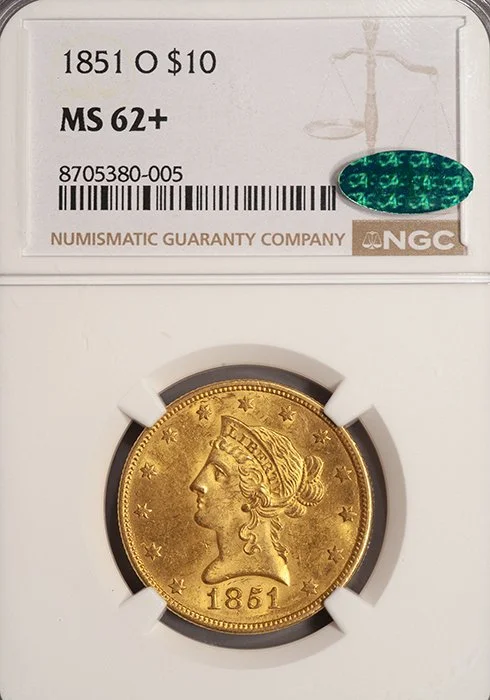Eagle. 1851-O New Orleans $10 gold coin. NGC MS62+ CAC.