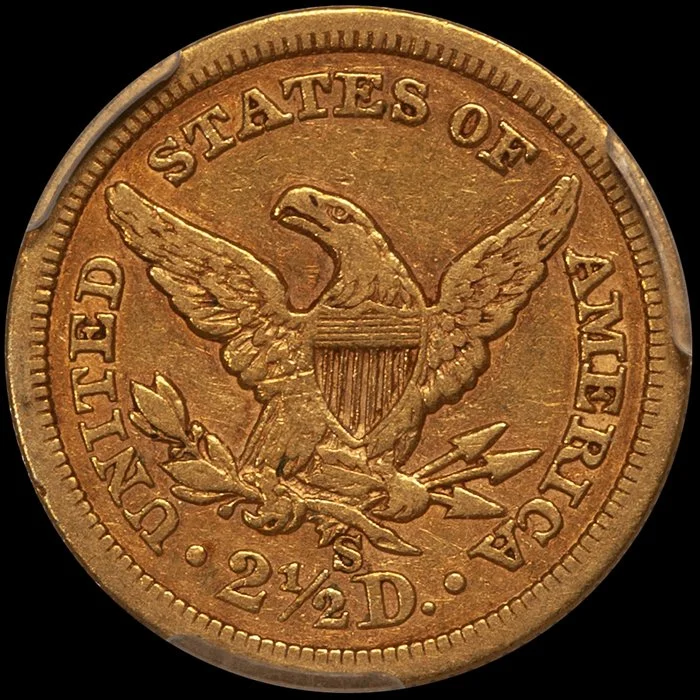 Quarter Eagle. 1861-S San Francisco $2.50 gold coin. PCGS EF45 CAC.