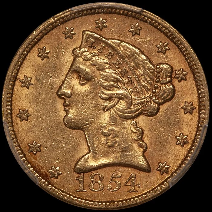 Half Eagle. 1854 $5 gold coin. PCGS MS61.