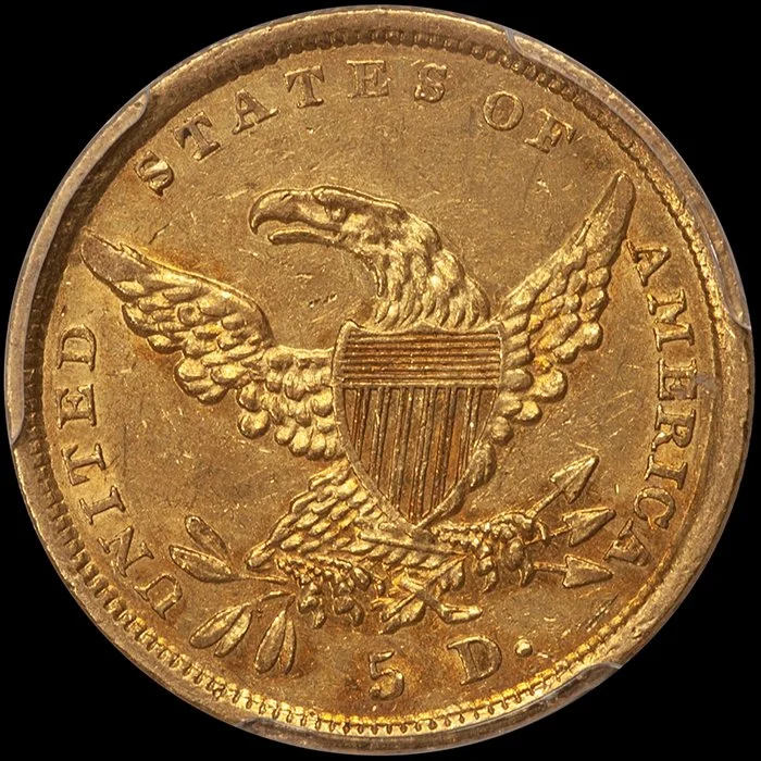 Half Eagle. 1838-D Dahlonega $5 gold coin. PCGS AU55.