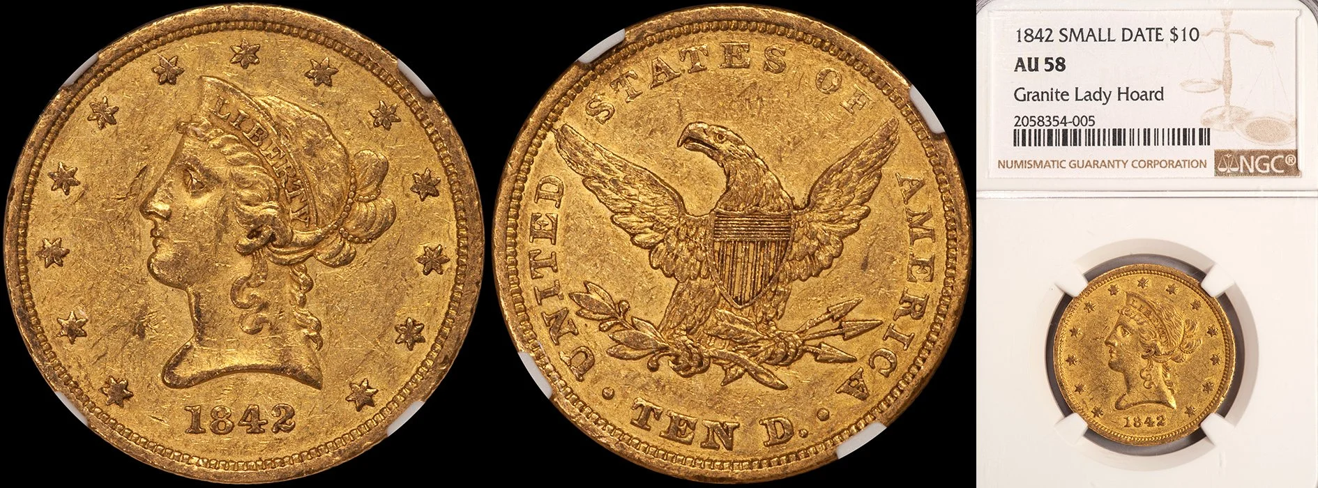 ON HOLD - $10.00 - 1842 Small Date NGC AU58, Granite Lady