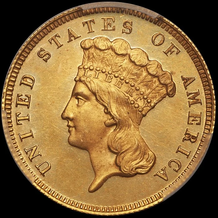 Three Dollars. 1871 J-1482 Pattern $3 gold coin. Gilt. PCGS PR66CAM.